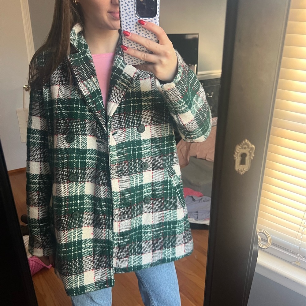 Plaid Green and White Women's Coat
